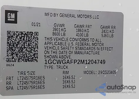 2021 Chevrolet Express Cargo Rwd 2500 Regular Wheelbase Wt из США, поврежденный, VIN 1GCWGAFP2M1204749